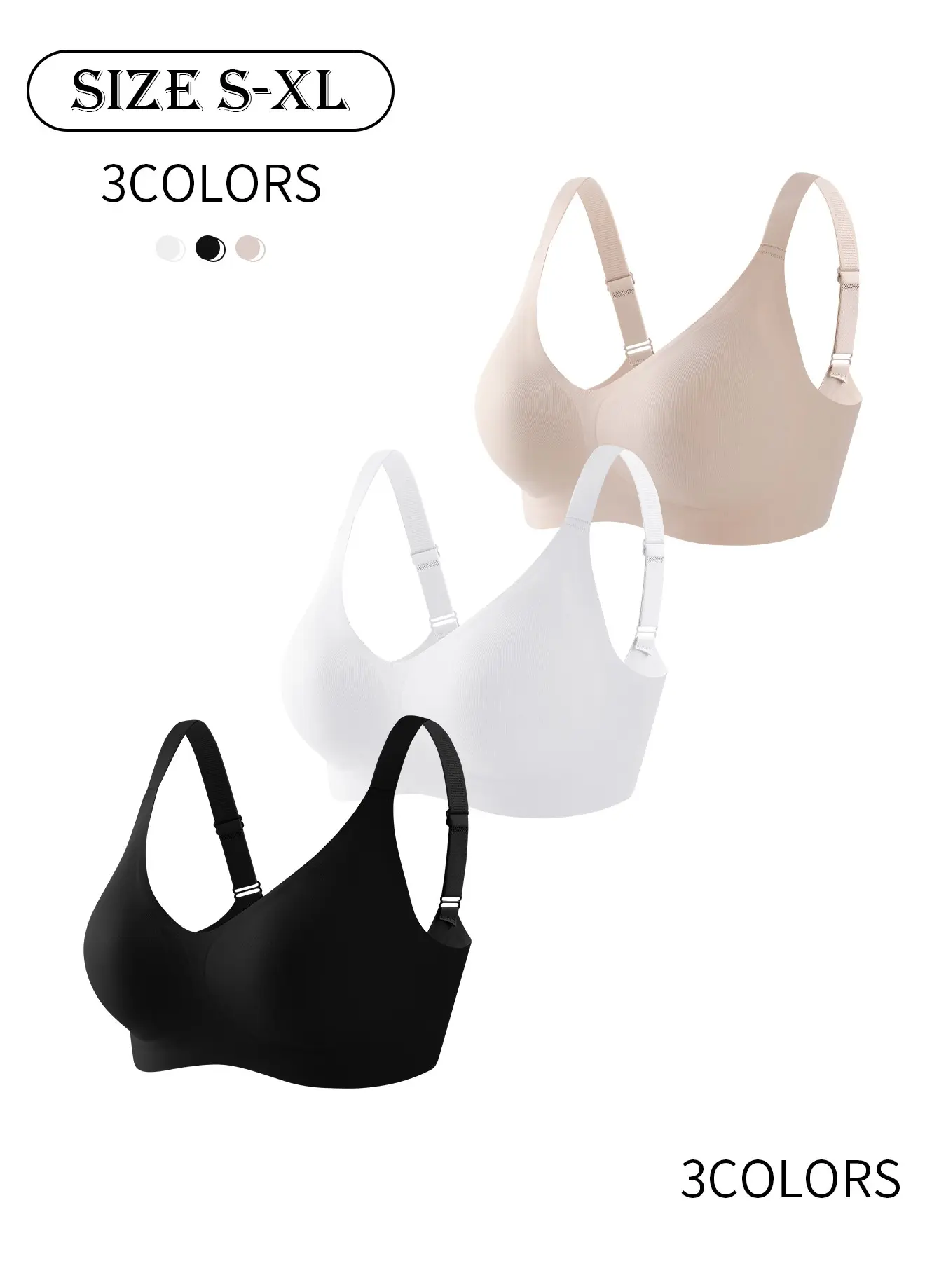 12 colors available, 3-piece set Women's seamless wireless V-neck jelly bra push-up lifting high support daily  XS-XL comfortable skin-friendly soft fabric adjustable shoulder strap sports backless vest high quality seamless jelly women's bra