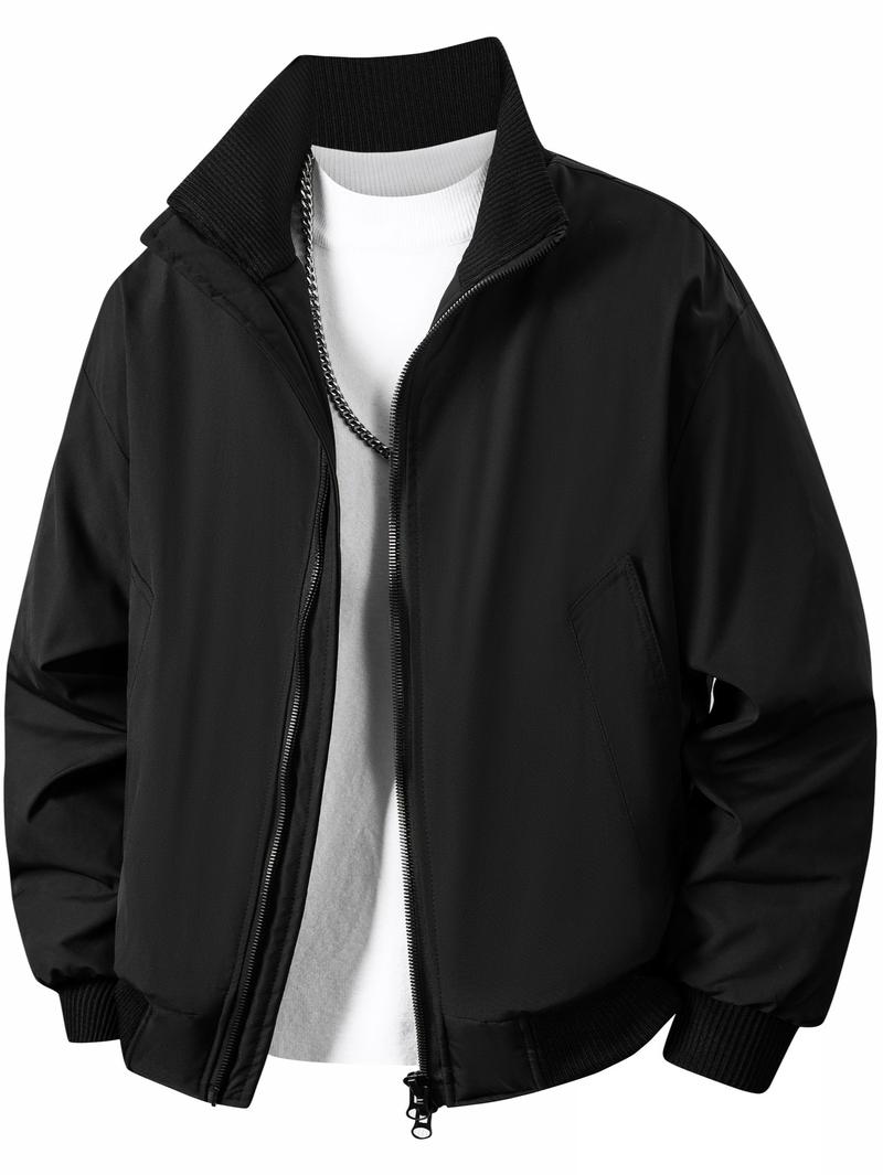 Men's Autumn/Winter Retro Bomber Jacket, Stand Collar Coat, Loose Fit, Warm Cotton Coat, Zipper Outerwear, Trendy Brand, Thickened