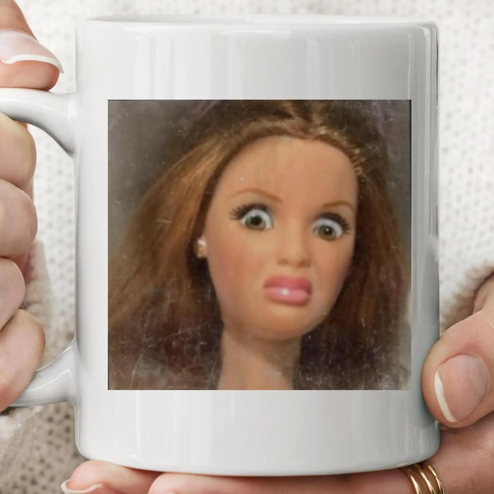 11ozFunny Doll Face Mug, Disgusted Barbie Meme Coffee Cup, Sarcastic Reaction Gift, Weird Humor Tea Cup, Unhinged Meme Mug