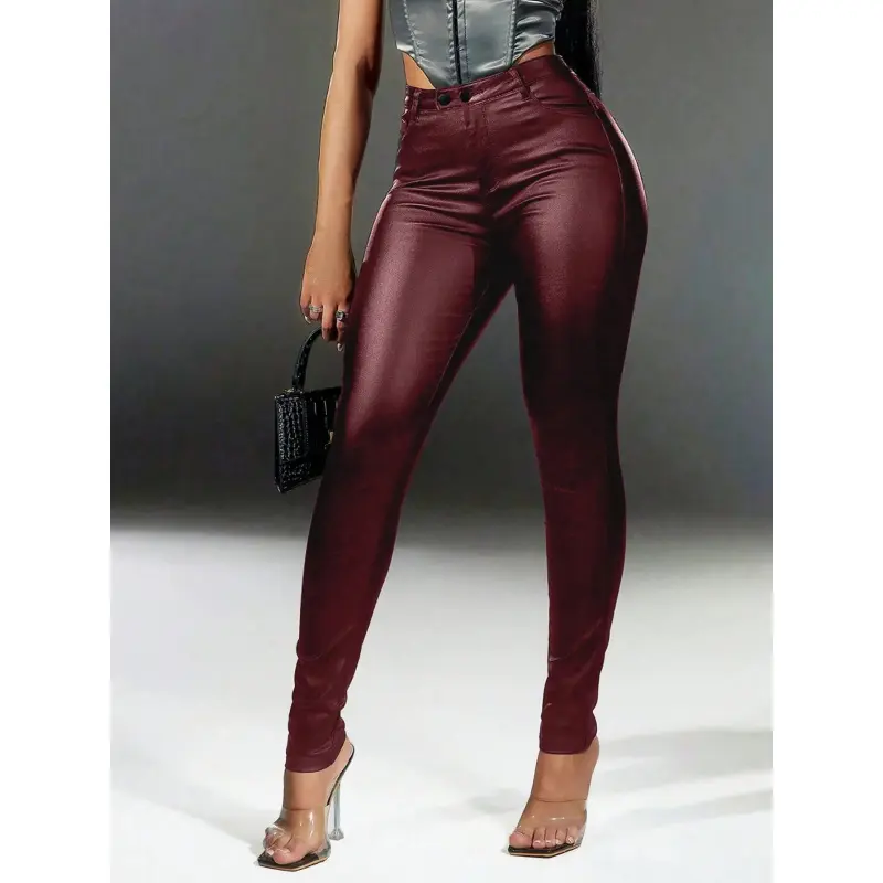Women's Pants in Stretchy PU Leather, High-Waist Skinny Leggings with a Flattering Tapered Fit and Double-Button Detail, Pants For Women, Leggings Women