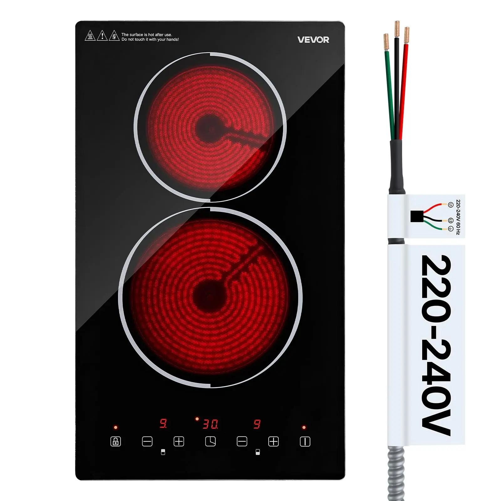 VEVOR Electric Cooktop 12inch 2 Burners Stove Top 3000W 220V No Plug, Ceramic Built-in Radiant Electric Stove, with 9 Power Levels, Timer, Child Lock, Over-Heat Guard, Touch Control