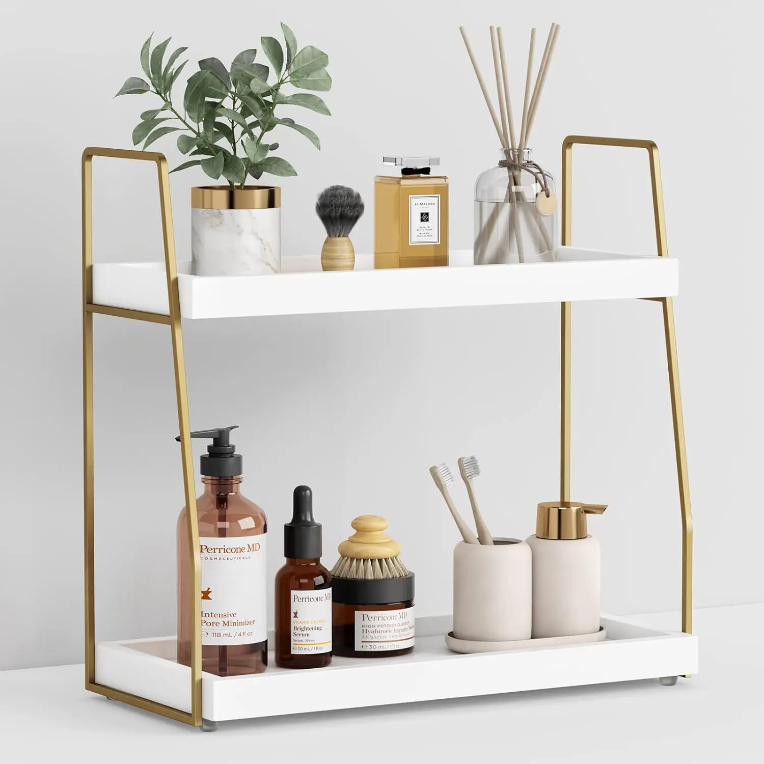 2-Tier White and Gold Compact Wooden Vanity Shelf Holder - Rectangular Bathroom Countertop Organizer for Sink, Makeup, Perfume Storage
