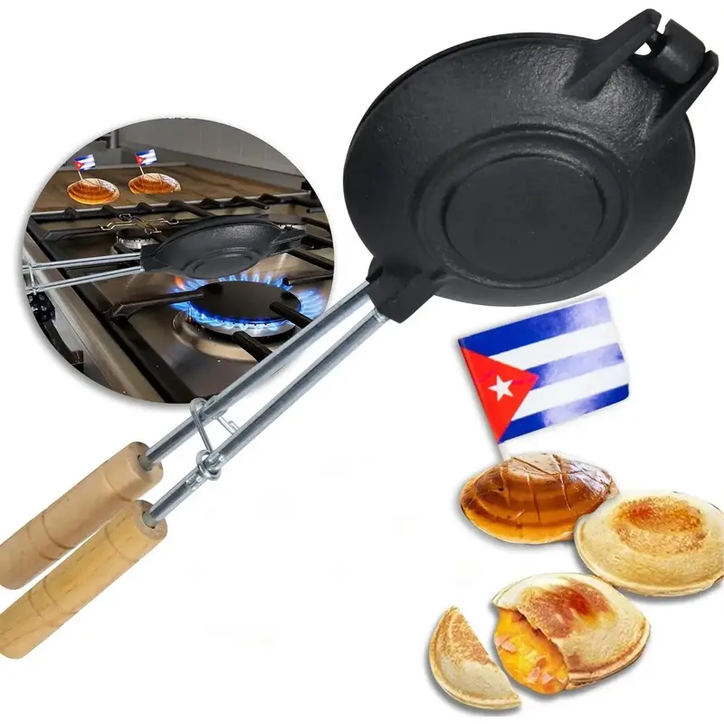 Round Cast Iron Cuban Sandwich Press - 15in Compact Kitchen Tool for Cheese Sandwiches, Single Unit with Wooden Handles