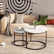 Round Nesting Coffee Table Side Table Set of 2 End Tables for Living Room Bedroom Balcony, White Faux Marble Wooden Table Accent Coffee Table with Black Steel Frame