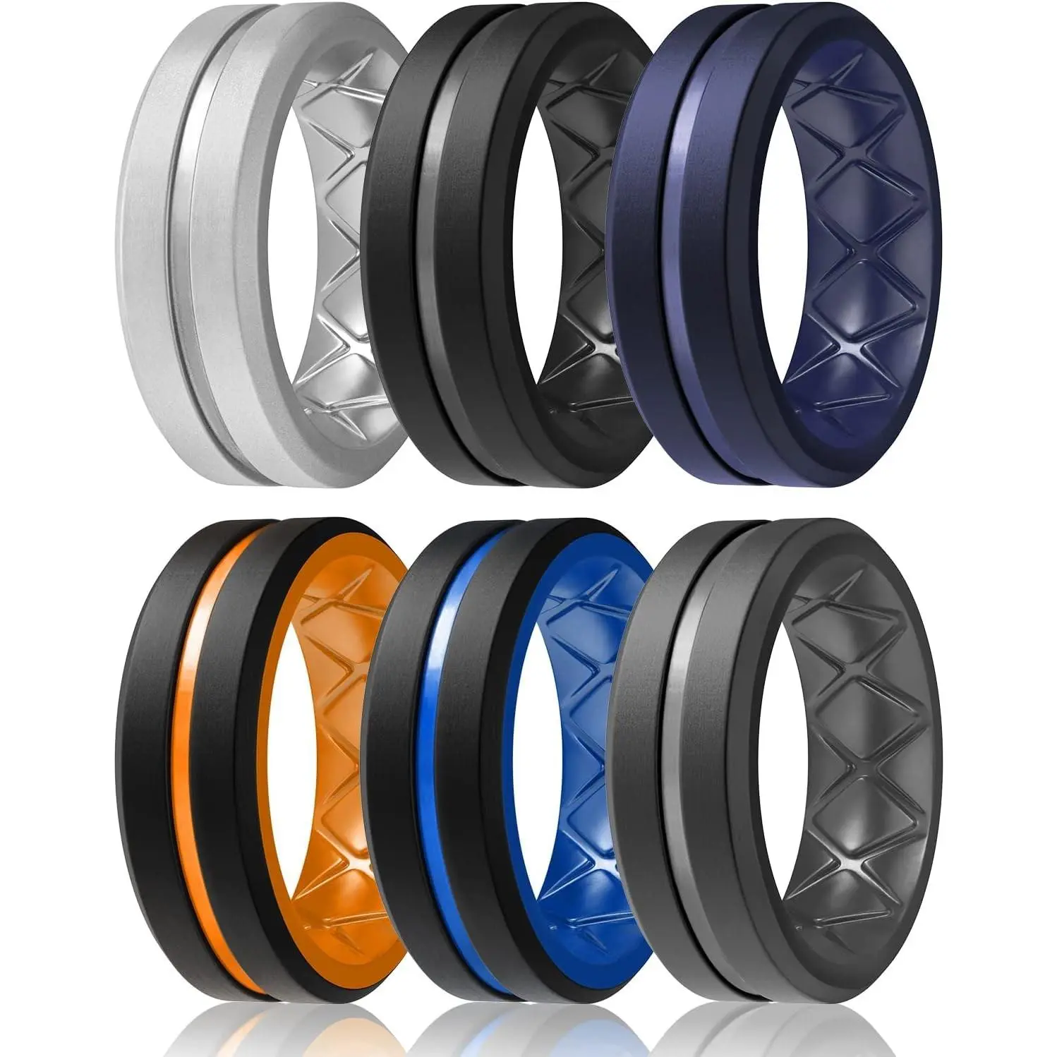Men's Silicone Rings, 8mm Wide Two Tone Rubber Wedding Band for Him | 2mm Thick Center Groove with X Grooves and Ergonomic Inner Arch, Flexible for Gym Workout Travel Beach Vacation Daily WearGift