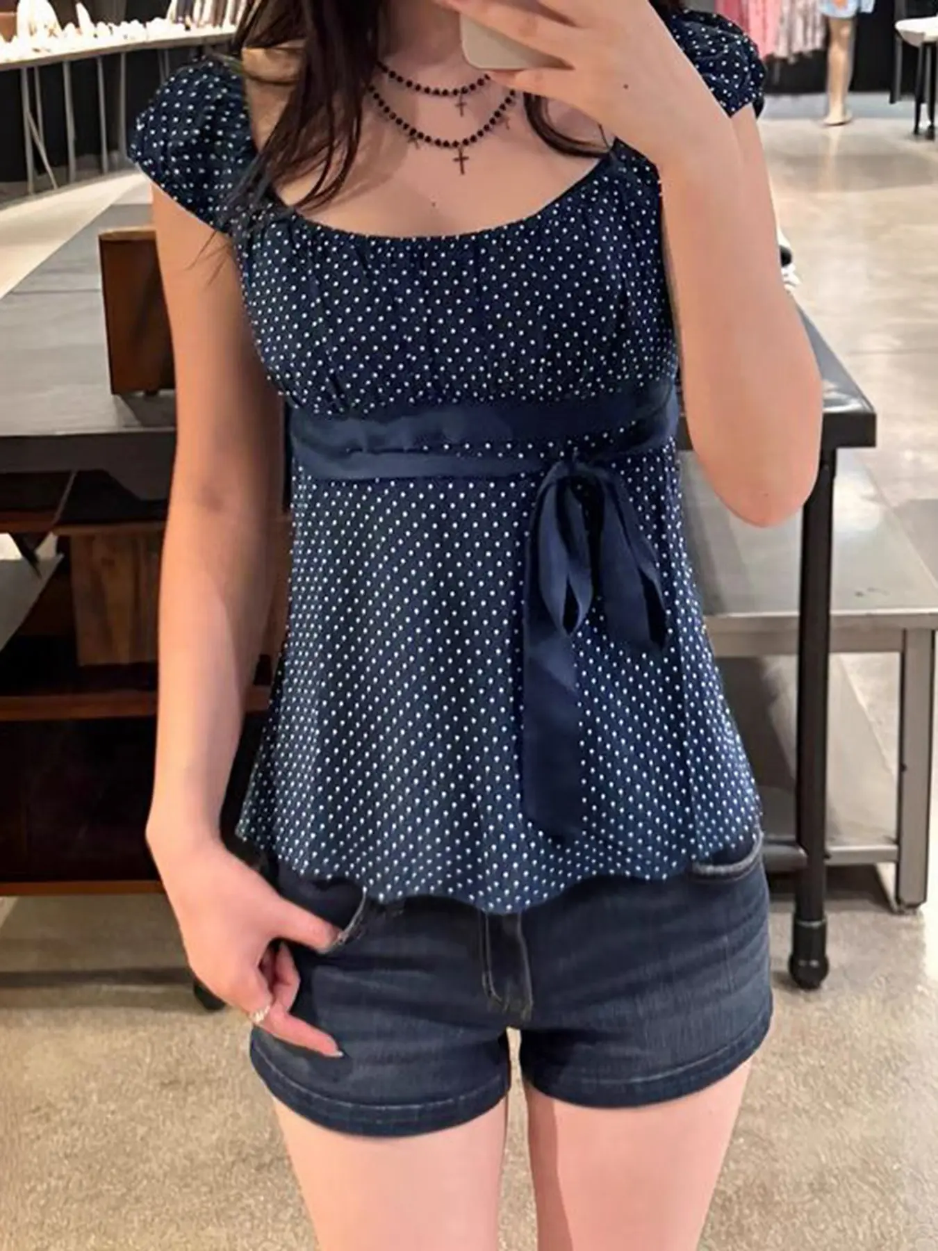 Women's Polka Dot Square Neck T-Shirt, Boho Tie Top, Slim Fit, Waist Tie, Belted Tie Front, Wavy Hem, Loose A-Line Short Top, Casual Style