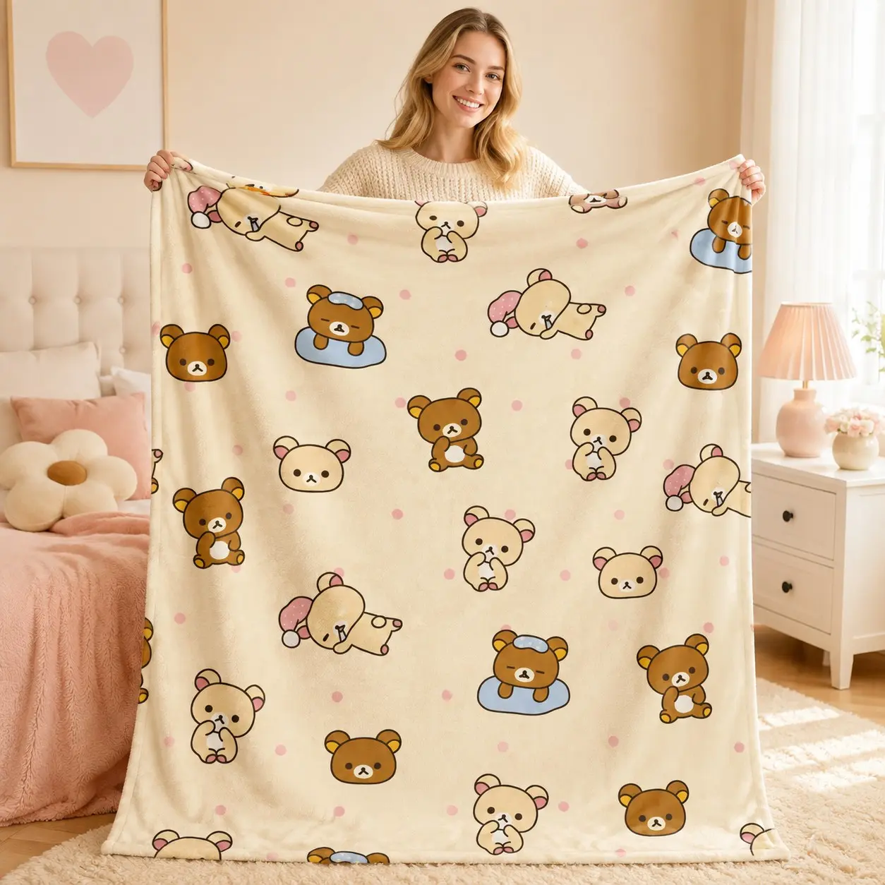 1PC Rilakkuma Cartoon All Over Print Fleece Throw Blanket, Multi Pose Bear & Beige Polka Dot Cute Pattern Design, Soft Cozy Warm Blanket for Sofa Bed Office Camping, Lovely Gift for Cartoon Lovers on Birthday & Christmas