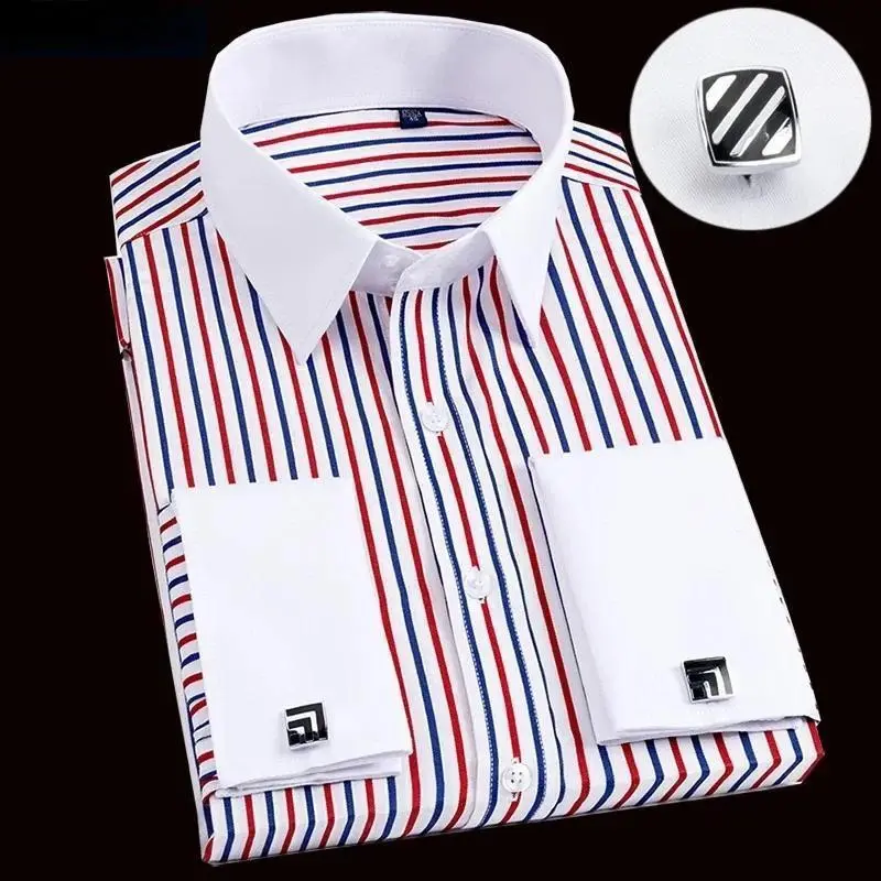 Men's French Cufflink Long Sleeved Spring Style Multi-color High Collar Slim Fit Formal Striped Shirt Top Casual Menswear