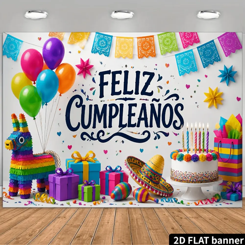 2D Flat Banner colorful Mexican theme Feliz Cumpleaños birthday photography backdrop, HD digitally printed polyester foldable background cloth for party photos, portrait shooting, livestream backgrounds and indoor event decoration