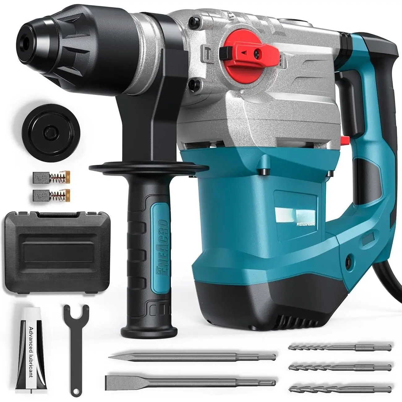 1-1/4 Inch -Plus 13 Amp Heavy Duty Rotary Hammer Drill | Safety Clutch, 4 Functions, Vibration Control, Includes , Chisels & Drill Bits, With Case