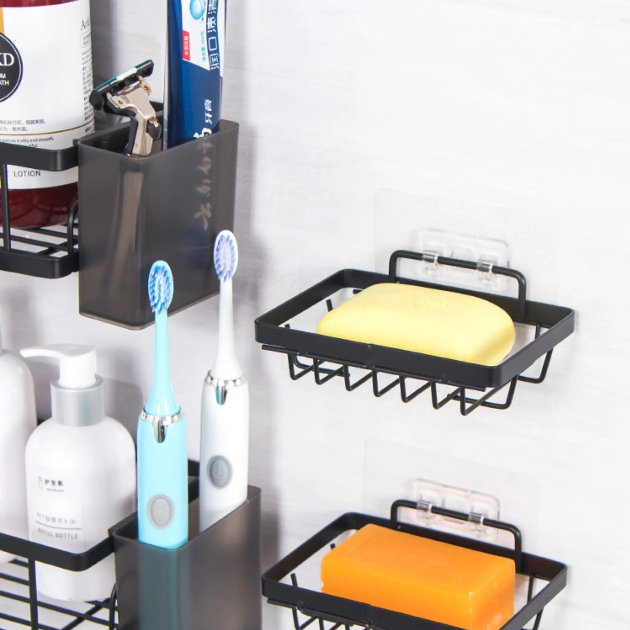 Corner Bathroom Shelf Set, Matte Style, No Drilling Installation, Layered Storage, Includes Toothbrush Holder, Hooks, Soap Dish, Bathroom Organizing Accessories