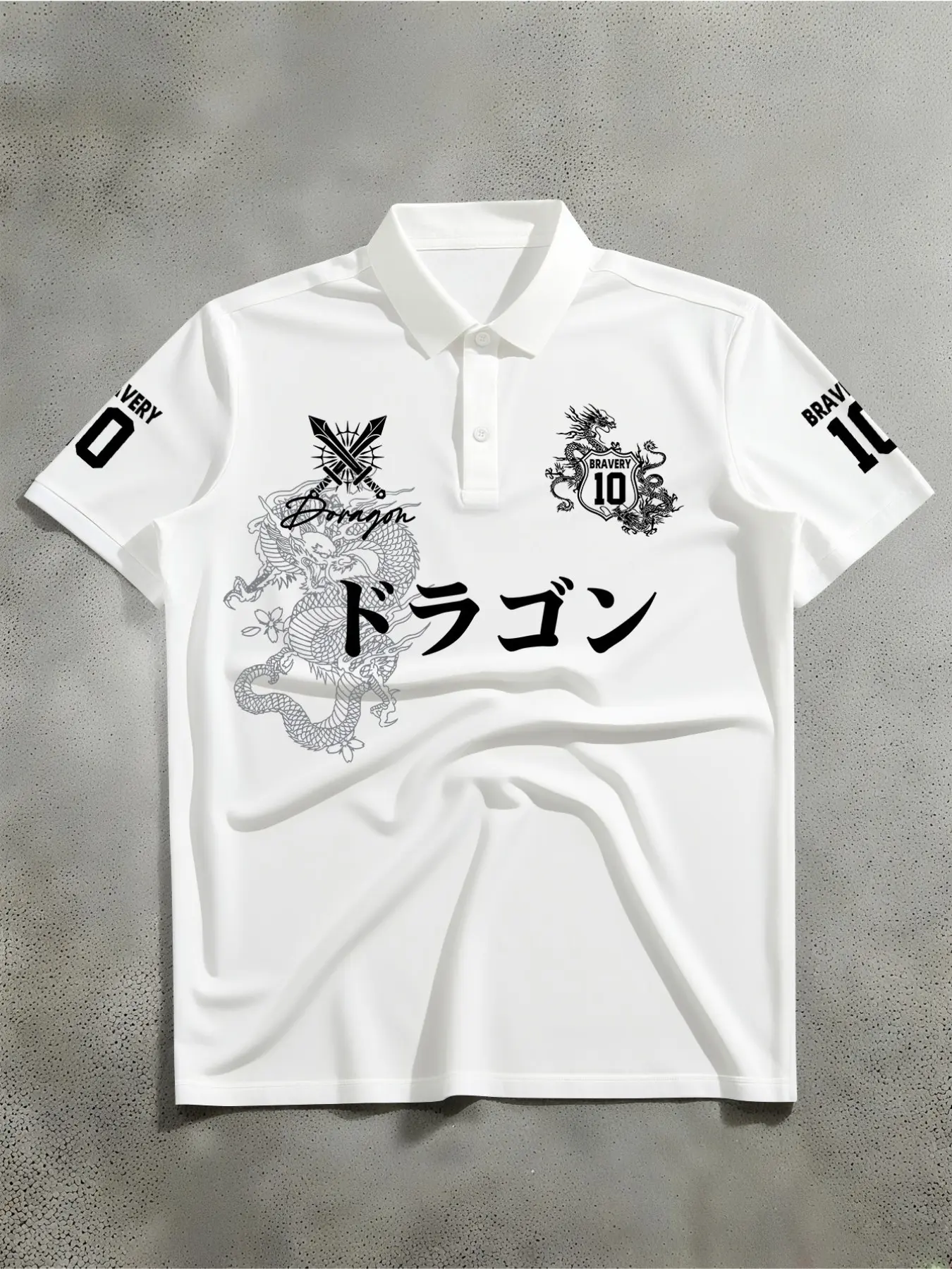 Unisex Y2K Vintage Street Style Polo T Shirt Dark Black Dragon Crest Kanji Letter Print Collared Short Sleeve Top Soft Comfort Button Placket Polo Tee Teen Summer Daily Travel Party Casual Streetwear