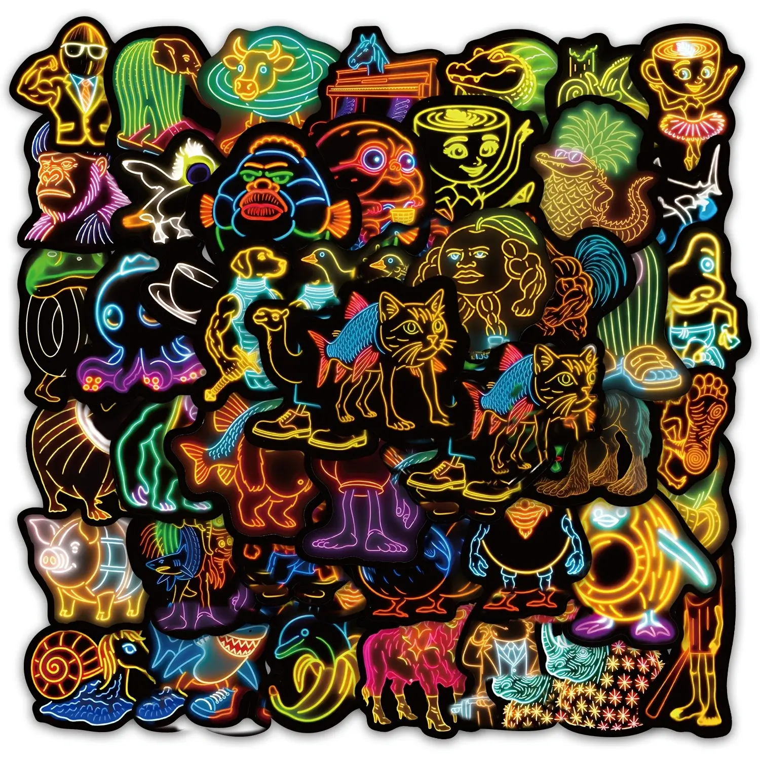 52pcs Neon Light Italian Brain Rot Stickers, Tungtungtungtungtung Sahur Wall Art, Mountain Sea Classic Funny Creative Abstract Stickers, Interior Stickers