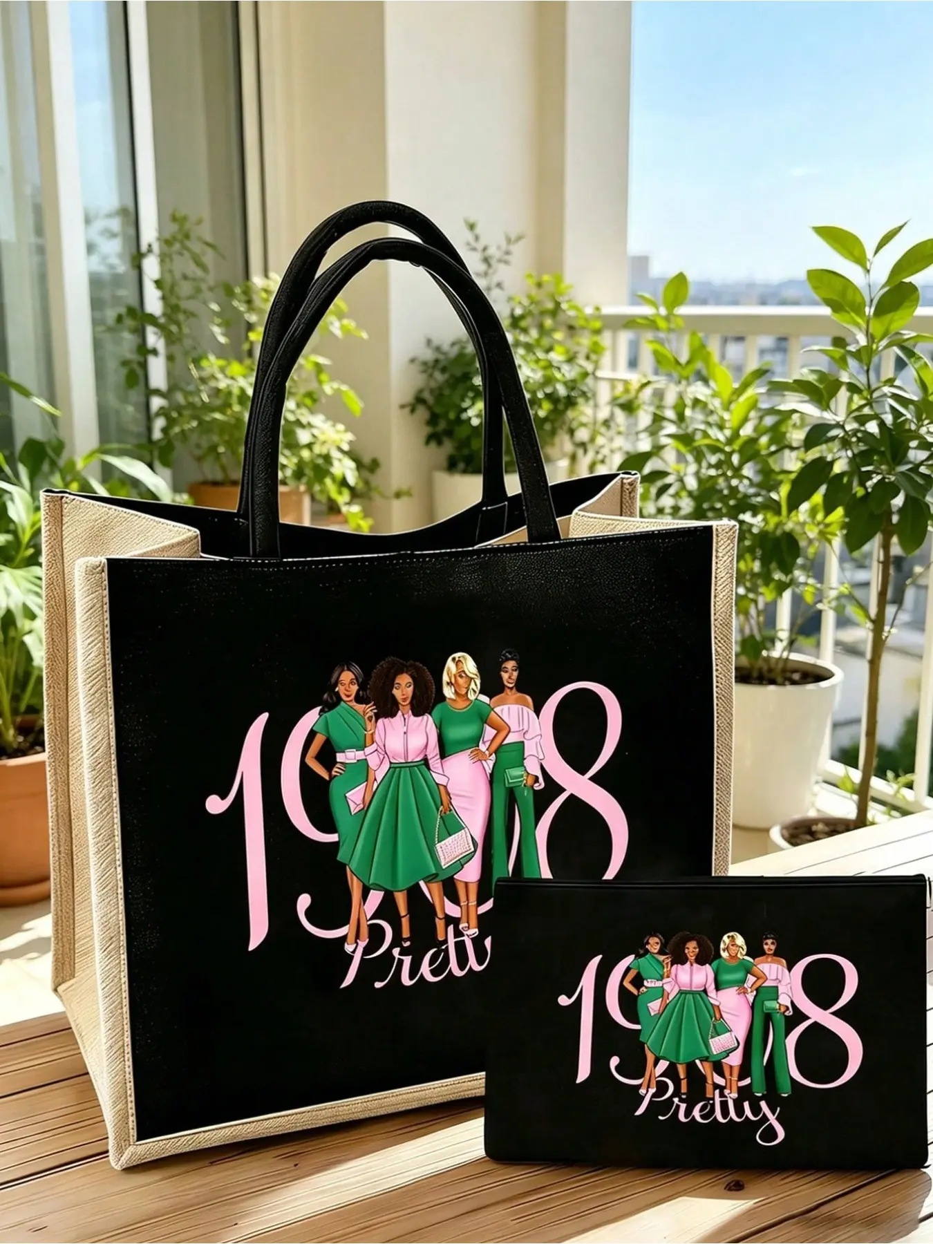 Sisterhood 1908 Large Tote Bag Set, sister print design with matching mini cosmetic pouch. Multi-use as commute, shopping, beach & travel bag, great Mother’s Day gift for friends.