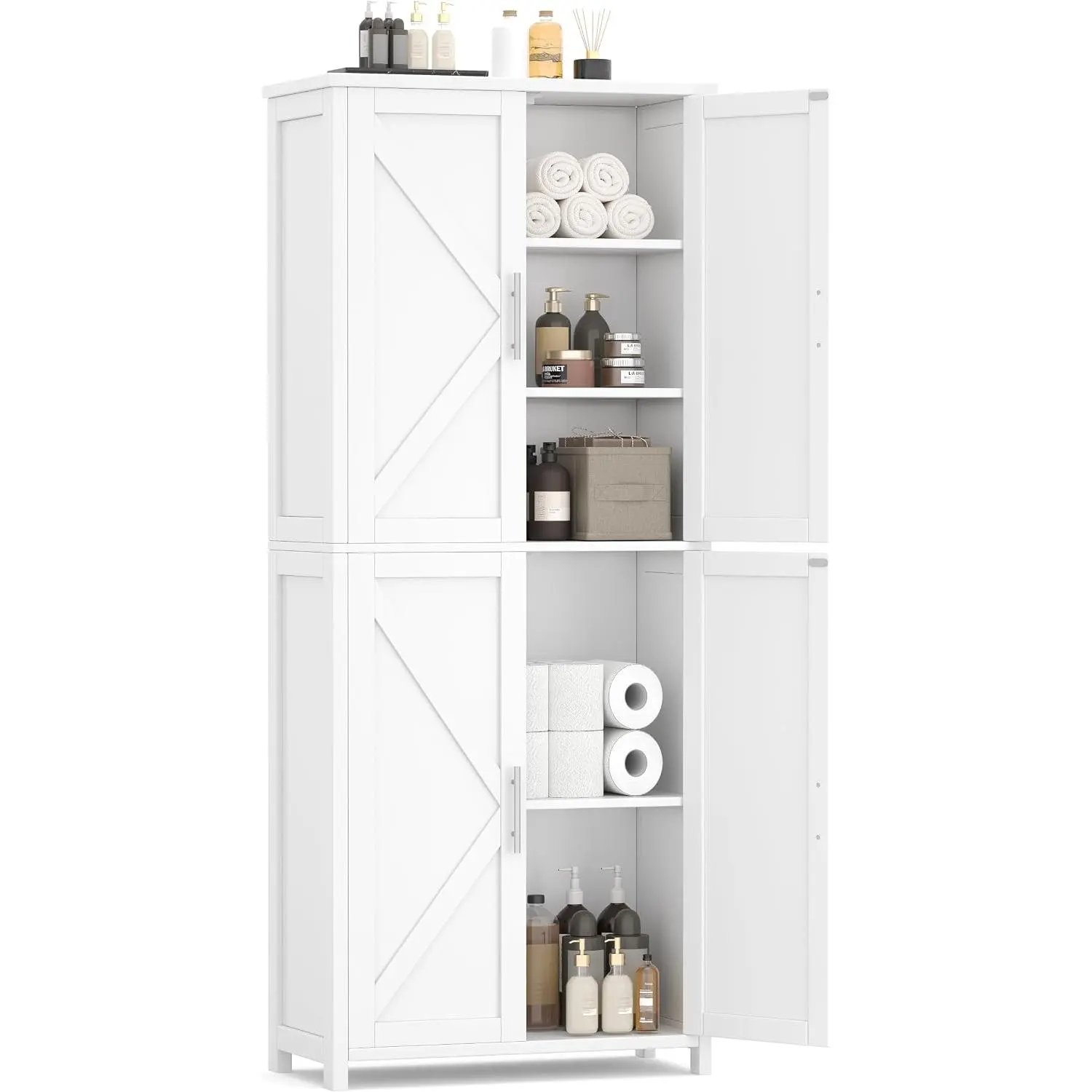 63''H Tall Bathroom Storage Cabinet Adjustable Shelf White | Floor Cabinet with Barn Doors, Adjustable Shelf, Linen Pantry Cabinet for Kitchen, Laundry Room, Living Room, Entryway