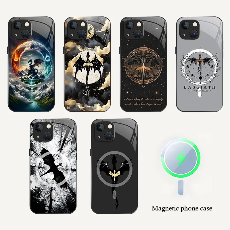Magnetic Glass Black Dragon Phone Case  for【iPhone 13】, Gothic Dark Fantasy Aesthetic Shock‑Resistant Cover----9435
