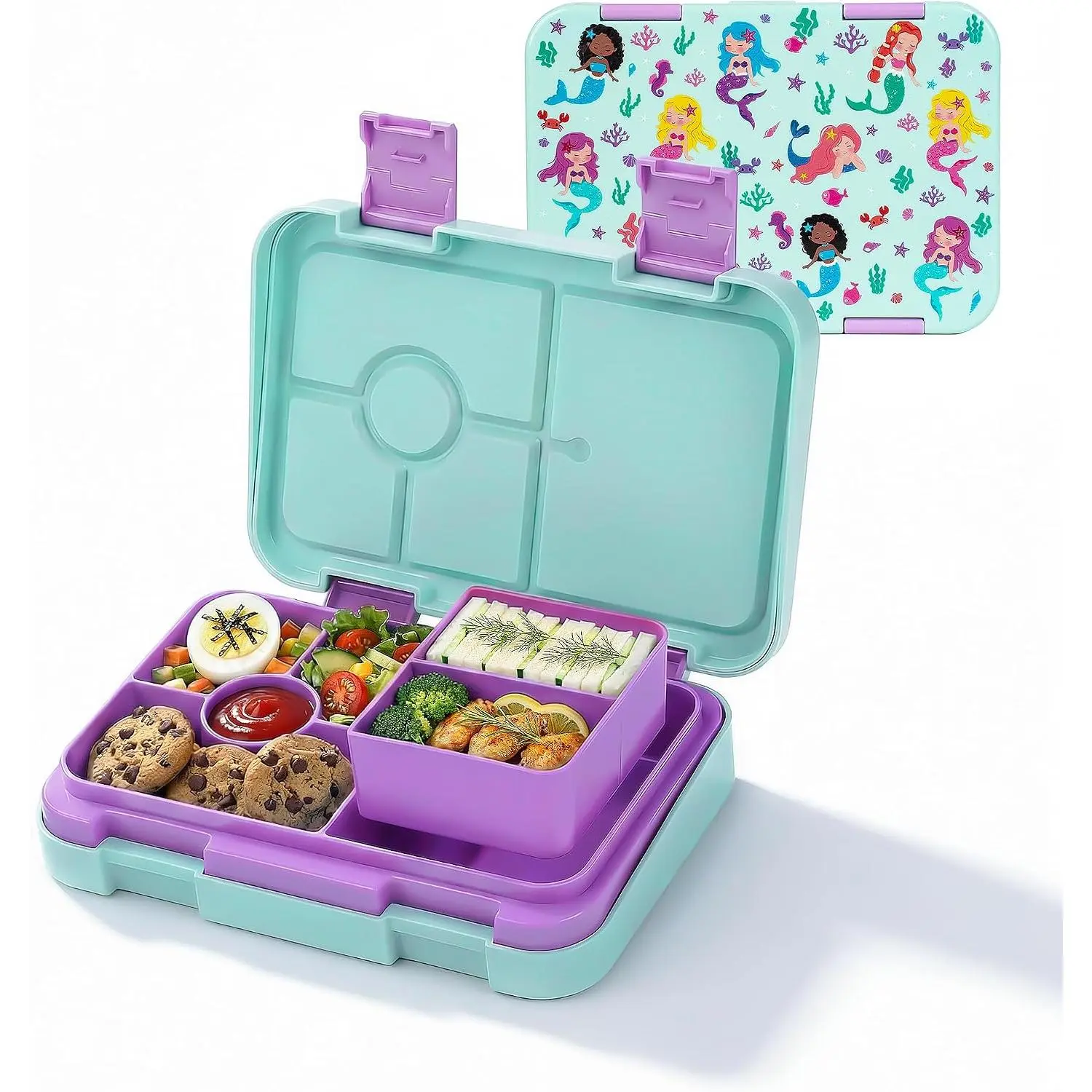 Bento Lunch Box Snack Bento Lunch Containers Boxes, Green Patterned | 5/6 Compartments, 3 Cups , Dishwasher Safe, for ,  to School, -the-Go Meal, Ages 3+, School