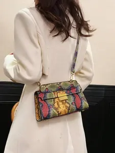 Vibrant Multi-Color Snakeskin Print Mini Rectangle Shoulder Crossbody Bag with Metal Lock, Top Handle & Matching Wide Strap Women Square Flap Handbag