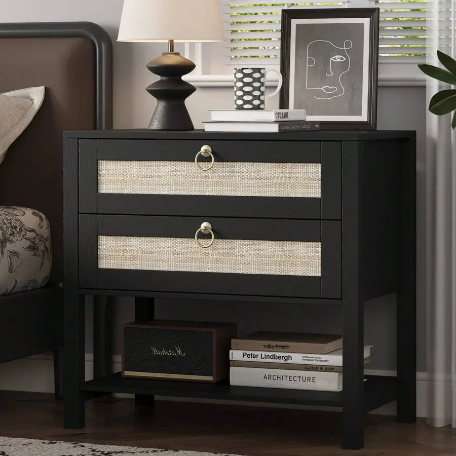 Wooden Nightstand, Wide Night Stand Bedside Table, Rattan Boho Decor Drawer & Open Shelf, Wooden End Table Bedroom, Living Room
