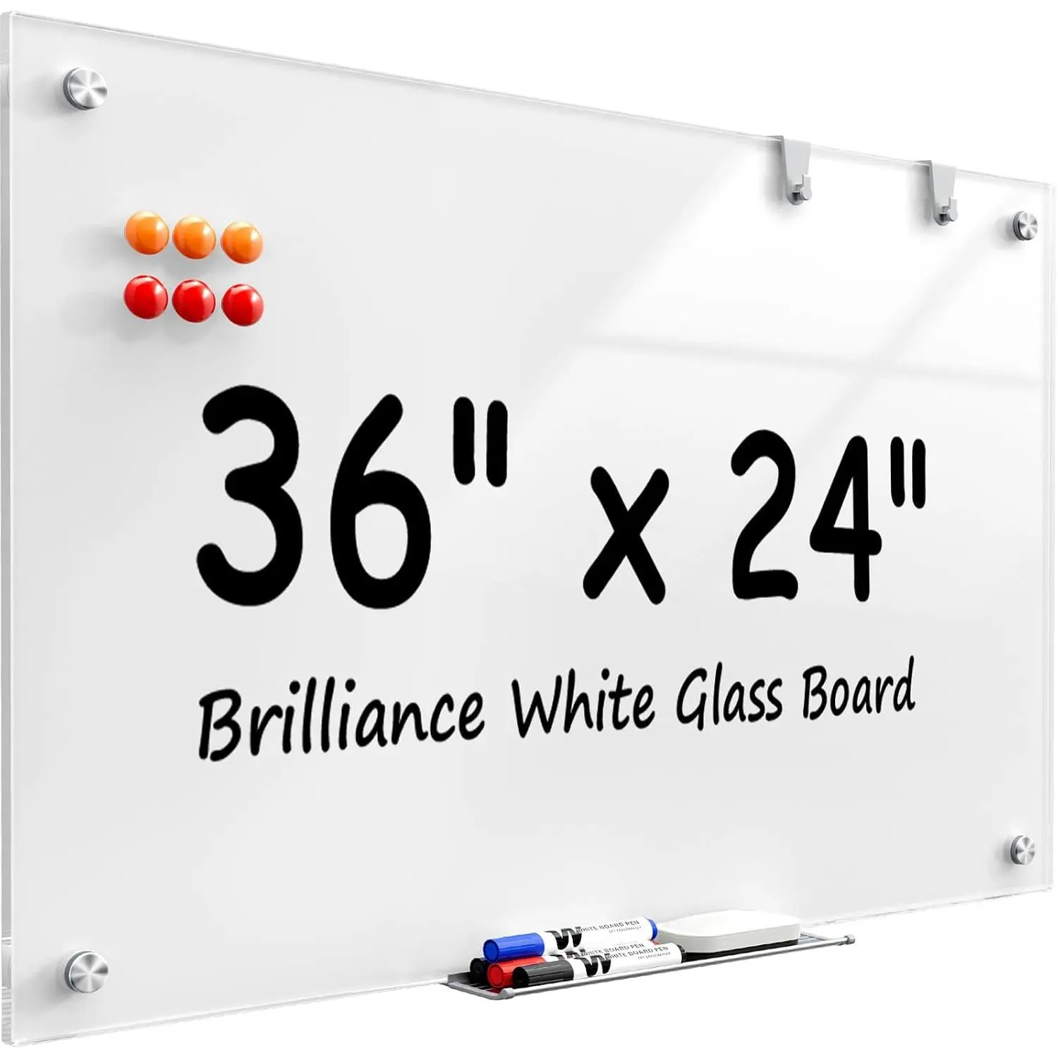 36" x 24" Glass Whiteboard Wall Mounted for Office  Classroom |  Glass Dry Erase Board, Tempered Glass, Steel Backed, Non-Porous Surface, Frameless Design, Hardware Included
