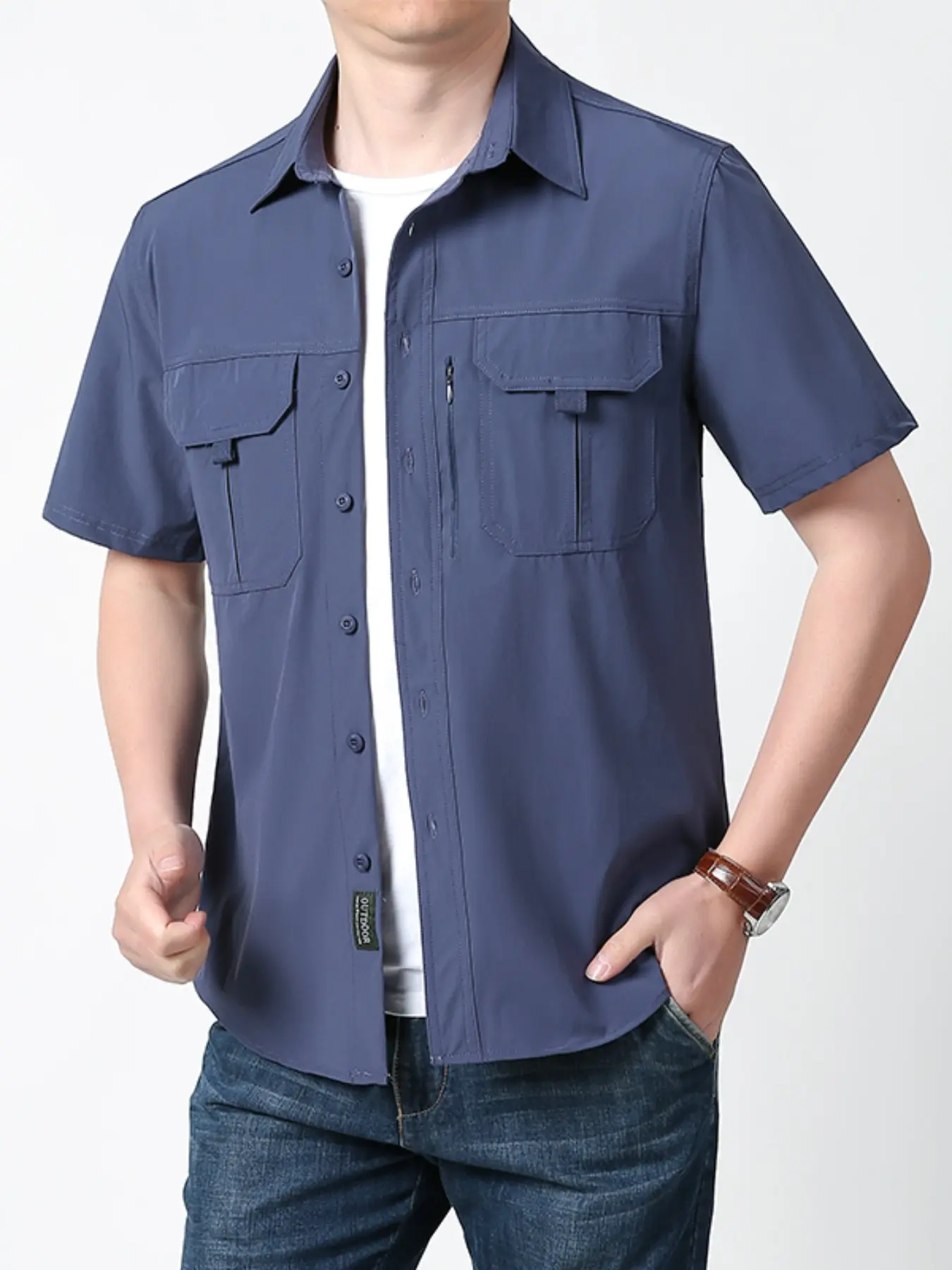 New Summer Outdoor Casual Multi-Pocket Workwear Short Sleeve Man Shirt, Breathable Thin Climbing Sports Top, Solid Color Short Sleeve Shirt