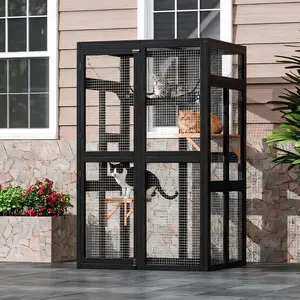 63.8in Wooden Outdoor Cat Enclosure with Window Access, Walk-In Catio, Water-Resistant Roof, 2 Platforms & Hammock