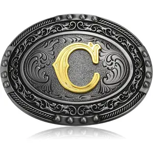 Western Initial Letters Belt Buckle Golden Alphabet Letters Belt Buckles  Men Women Cowboy