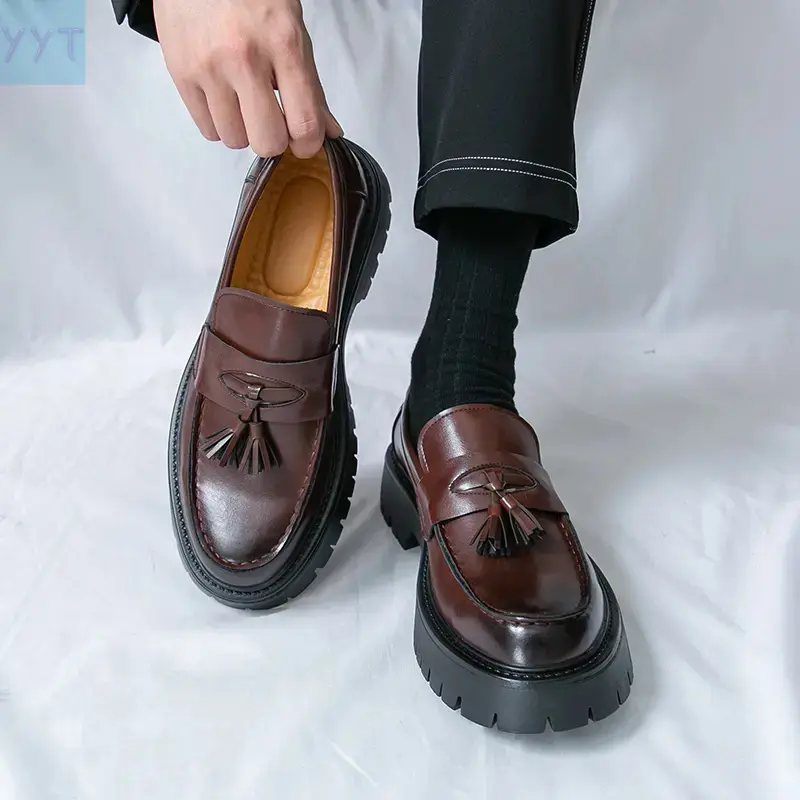 YYT1  Men’s Black/Brown Chunky Loafers |   Tassel-On Dress Shoes |   Thick Sole Comfort |   Classic Look Work, Casual & Everyday Wear |   TikTok Trending |   gife husband