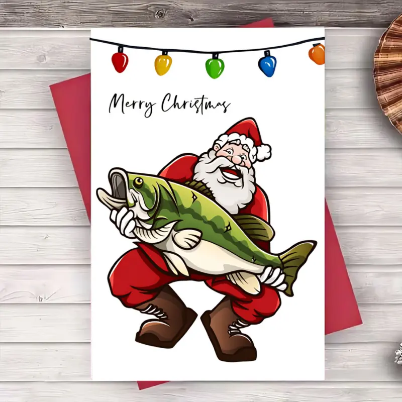 1 funny Christmas card with an illustration of Santa holding a big fish, blank inside, suitable as a holiday gift for fishing enthusiasts