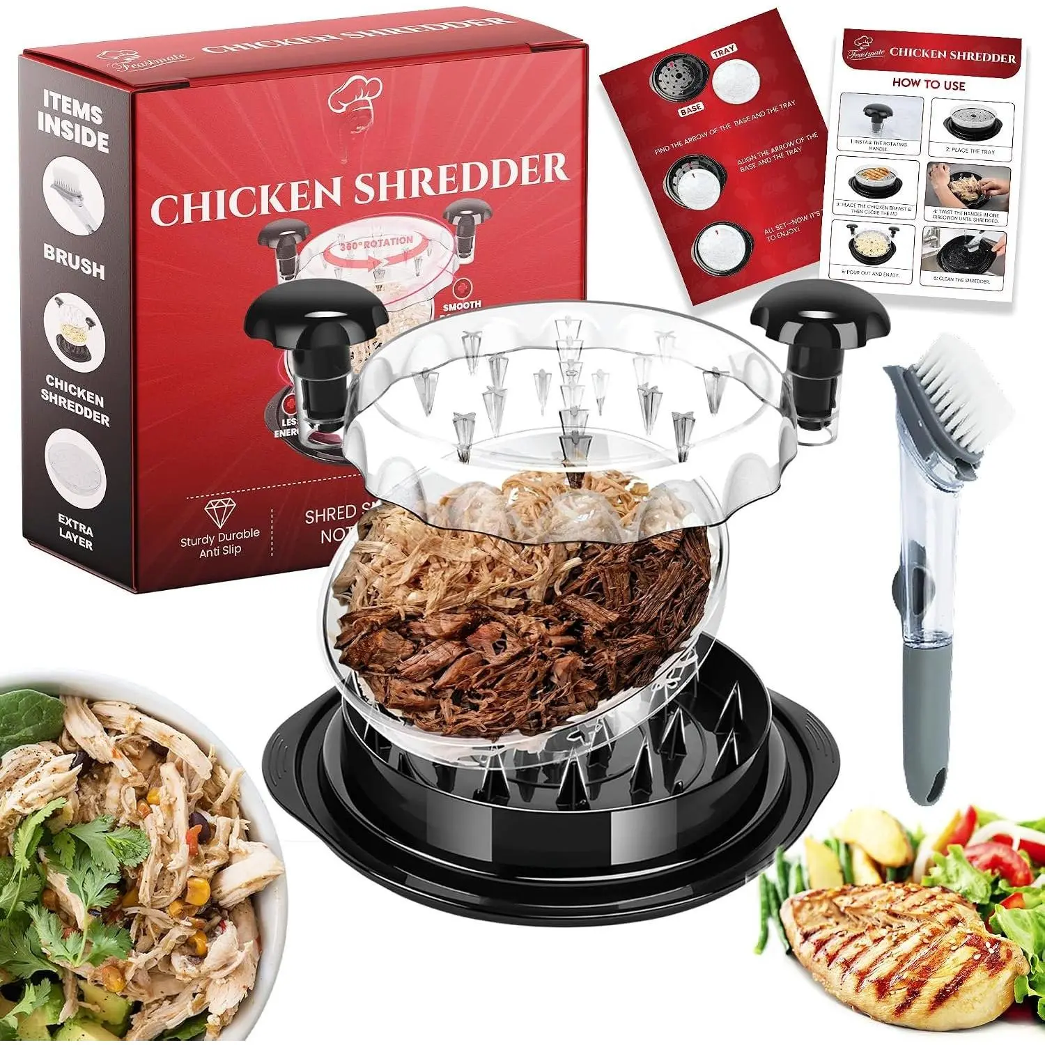 Large Chicken Shredder Tool Twist  10.5" Meat Shredder | Handheld design for easy shredding of chicken, pork & beef transparent lid, anti-slip base and cleaning brush for  result