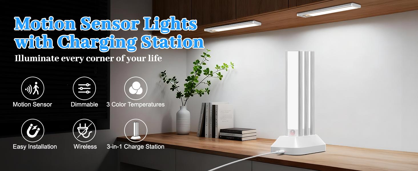 3/6Pcs Under Cabinet Lighting with Charging Station, Rechargeable Motion Sensor Light Indoor, Dimmable Closet Lights with 3 Color Tempers, Magnetic Under Cabinet Lights for Kitchen Wireless