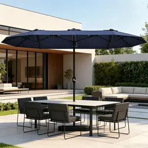 15ft Extra Large Double-Sided Patio Umbrella with Base & LED Lights - Large Steel Frame, UV Protection, Metal Base Included, Useful Crank, Grey