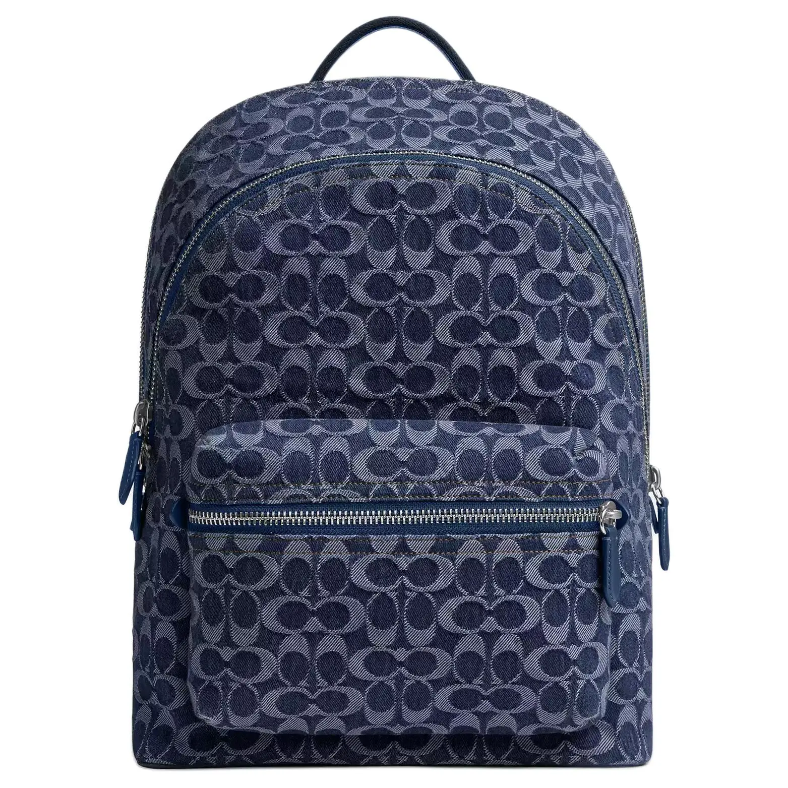 COACH Charter 29 Signature Print Denim and Calfskin Backpack for Men, Large Size, Deep Blue