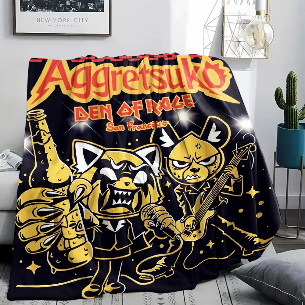 Aggretsuko Central Two Rock Band Retsuko & Haida Black Metal Solid Background Flannel Throw Blanket Retro Punk Anime Cute Animal Fan Soft Warm Blanket Gift for Teen Girls All Ages