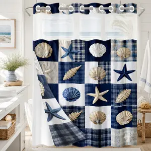 1PC 2D Flat No Hooks Double Layer Shower Curtain, Shower Curtain Cute, Plaid Starfish Shell Print Waterproof Fabric, Coastal Style Home Decor, Ocean Lovers, Hotel Dorm Bathroom Accessory, Clear Top Window, Detachable Snap-In Liner, Home Bathroom Divider