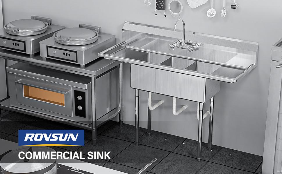 ROVSUN Commercial Sink, Stainless Steel Sink with 3 Compartment and 2 Sides Drain Rack, 20" x 54" x 43.5" Freestanding Utility Sink, Great for Restaurant Kitchen Laundry Room Garage Sunroom