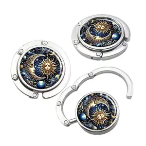 Foldable Metal Table Bag Hook, Vintage Round Cabochon Sun Moon Purse Hanger for Ladies, Purse Hooks