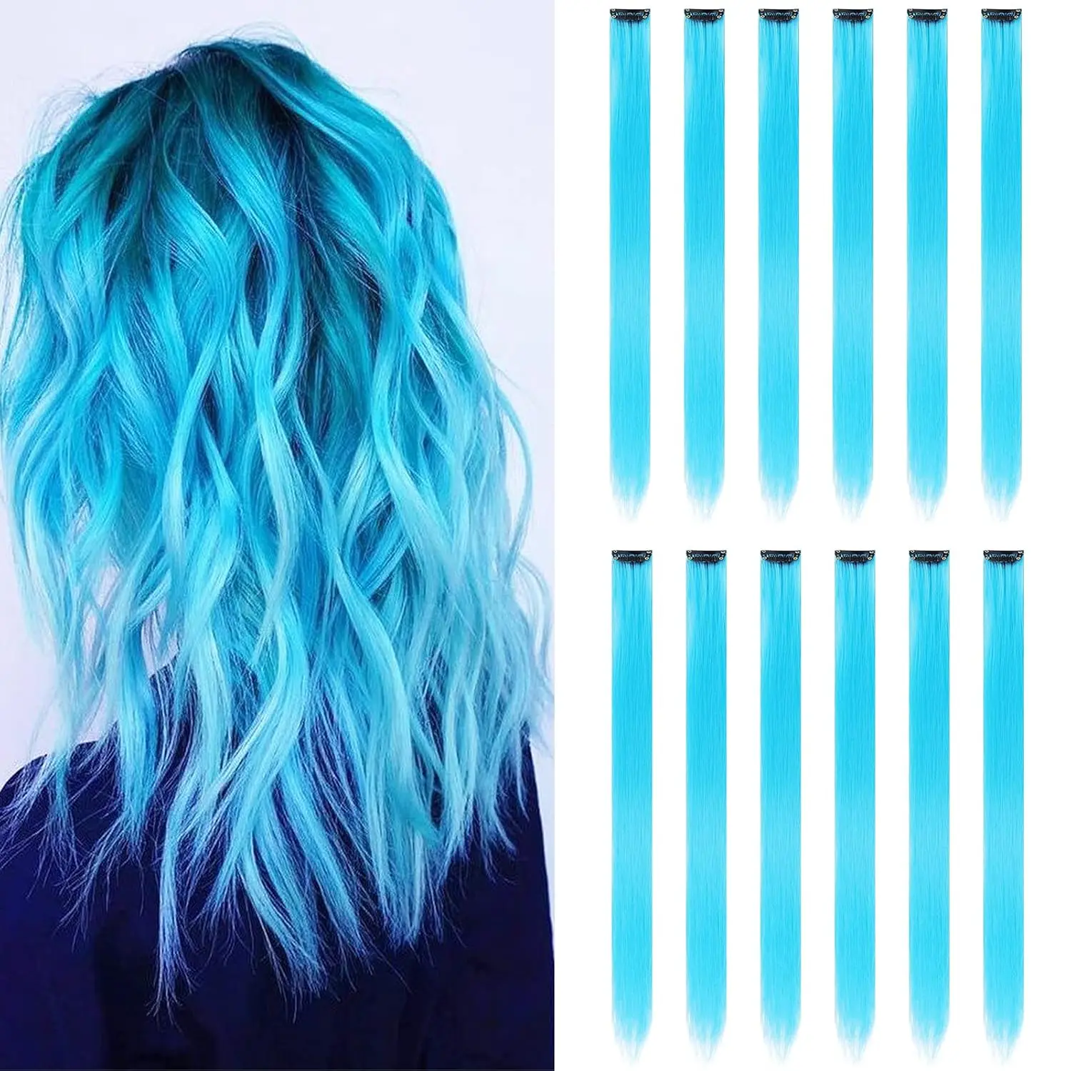 12 count Colored Sky Blue Hair Extensions 22 Inch | Colorful Clip in Hair Extensions Straight Synthetic Hairpieces for Women  Girls Halloween Christmas