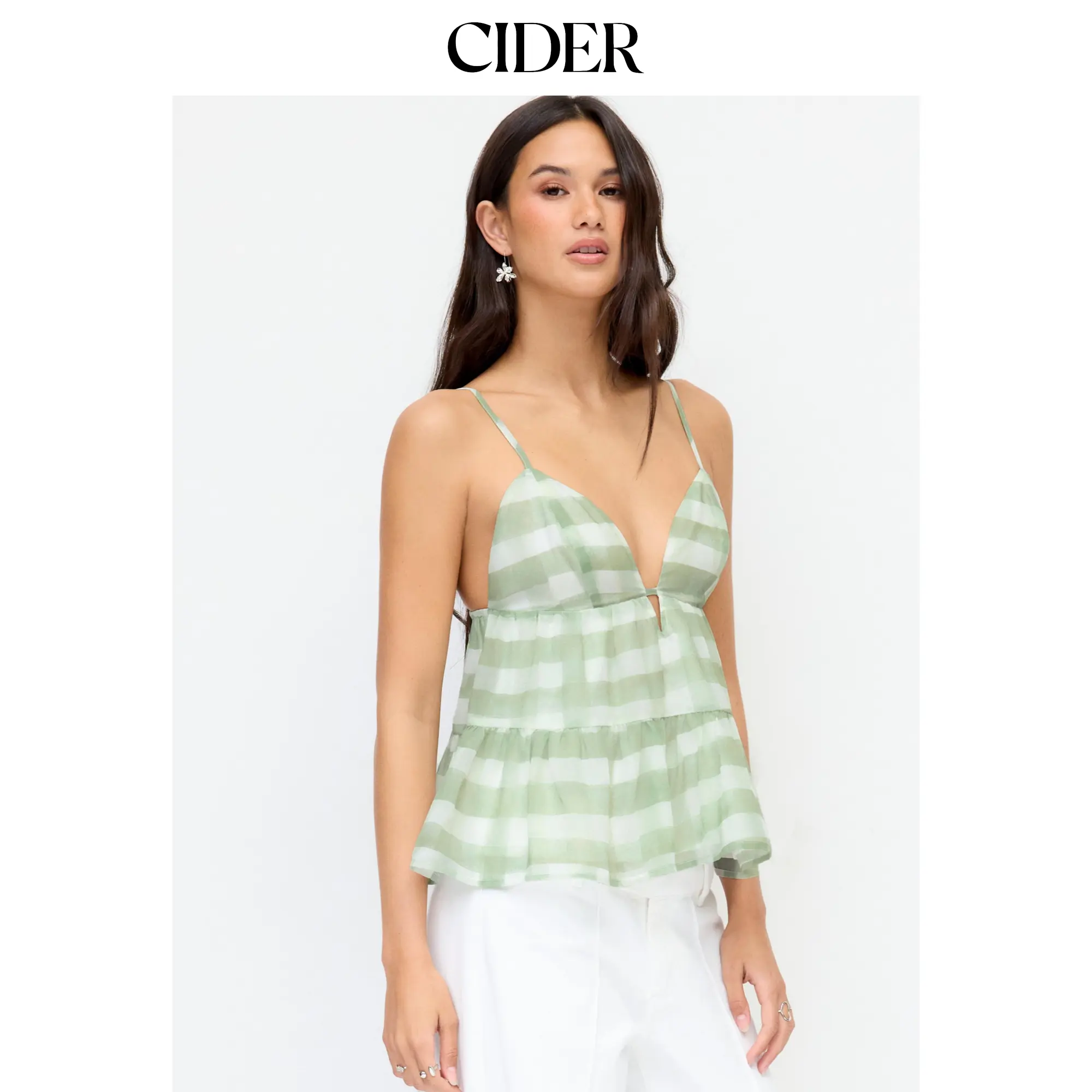 Cider Women's Spaghetti Strap Sleeveless Stripe Sweetheart Backless Ruffle Hem Oversized Cami Top