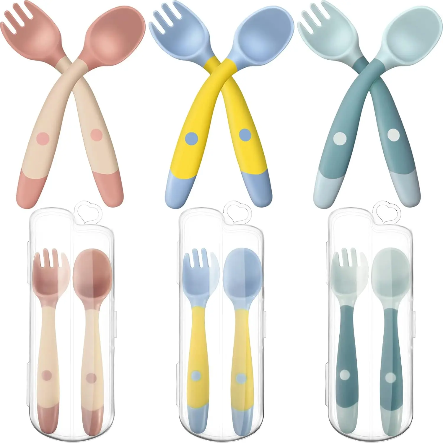 Toddler Self-Feeding Training Utensils Set - 3 Sets (Green, Pink, Yellow) with Case, Bendable Handle Silicone Spoon-Fork, Stainless Steel Flatware for Babies