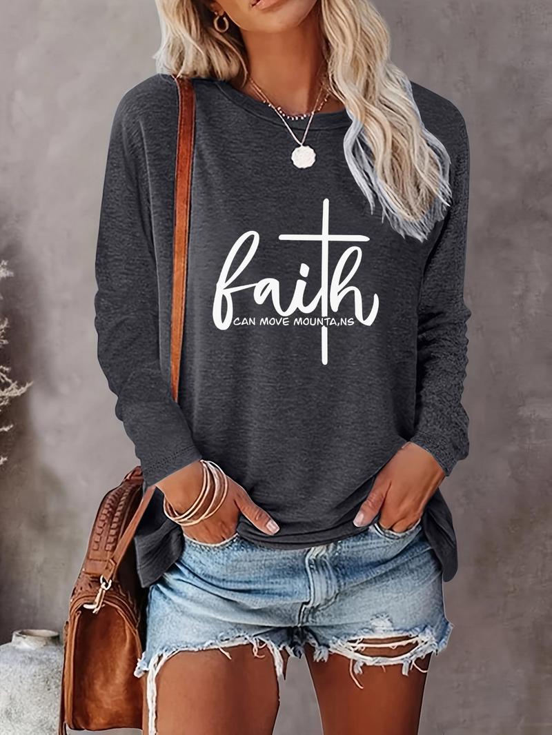 Women's Letter Print Round Neck Tee, Casual Long Sleeve T-shirt, Women's Spring & Fall Top for Daily Wear