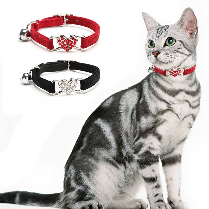 Adjustable Cat Collar with Bell, 2 Counts/set Cute Rhinestone Decor Heart Shaped Decoration Cat Collar, Pet Supplies for Indoor Outdoor Use