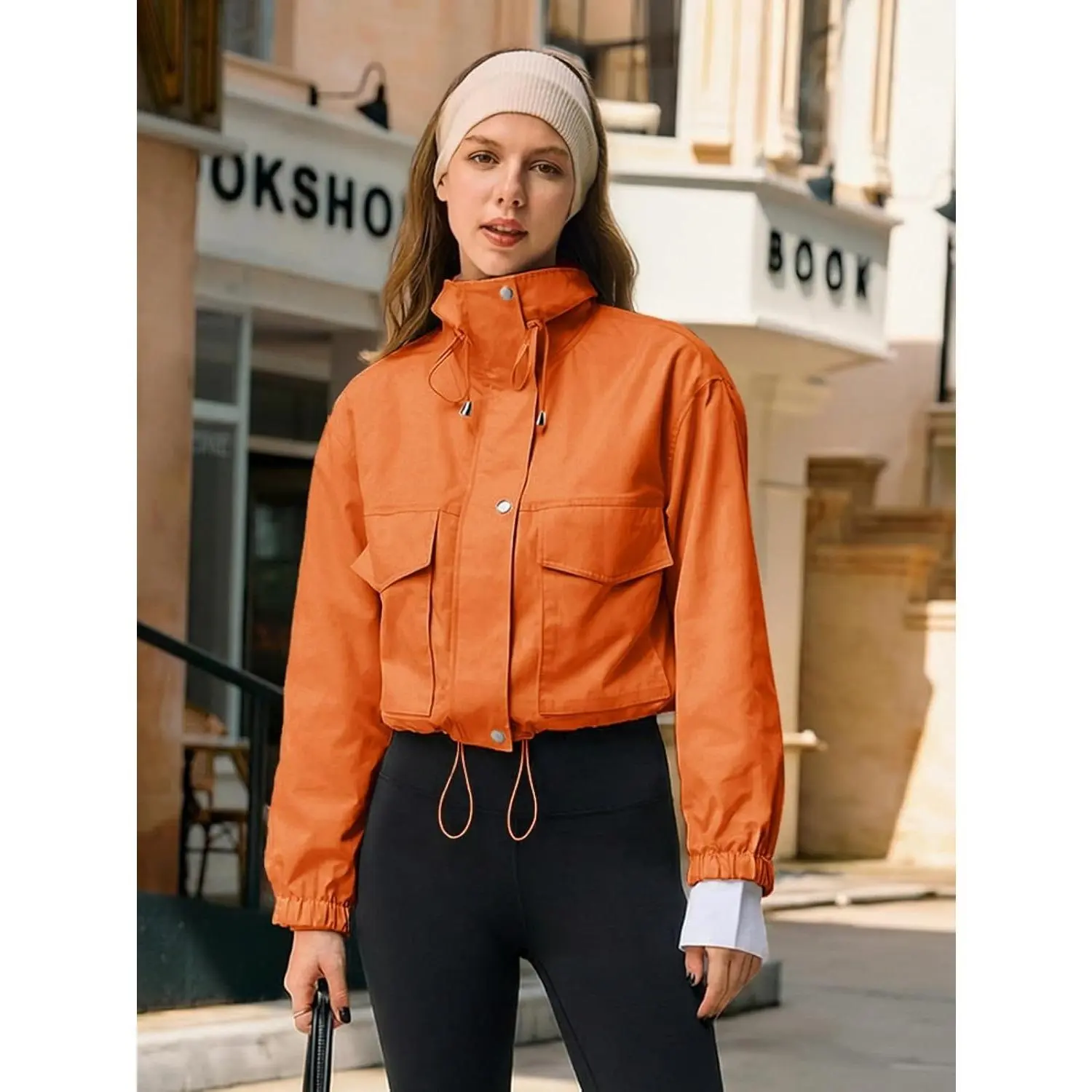 Tankaneo Womens Cropped Jacket Zip Up Lightweight Oversized Utility Anorak Coat with Pockets