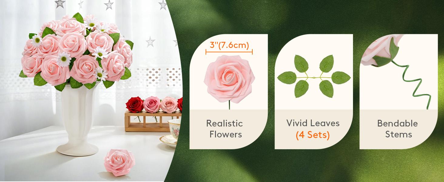 Artificial Flowers, 25 Pcs Blush Foam Real Looking Roses with Stems, Fake Roses for DIY Wedding Bouquets, Centerpieces Arrangements, Valentine Decorations
