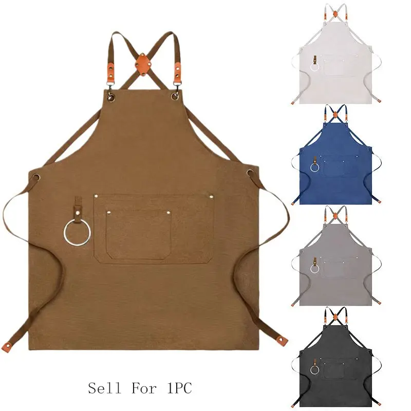 Canvas Kitchen Work Apron with Multiple Pockets, Heavy-Duty Crossback Apron for Men and Women, Ideal for Hairdressers and Stylists