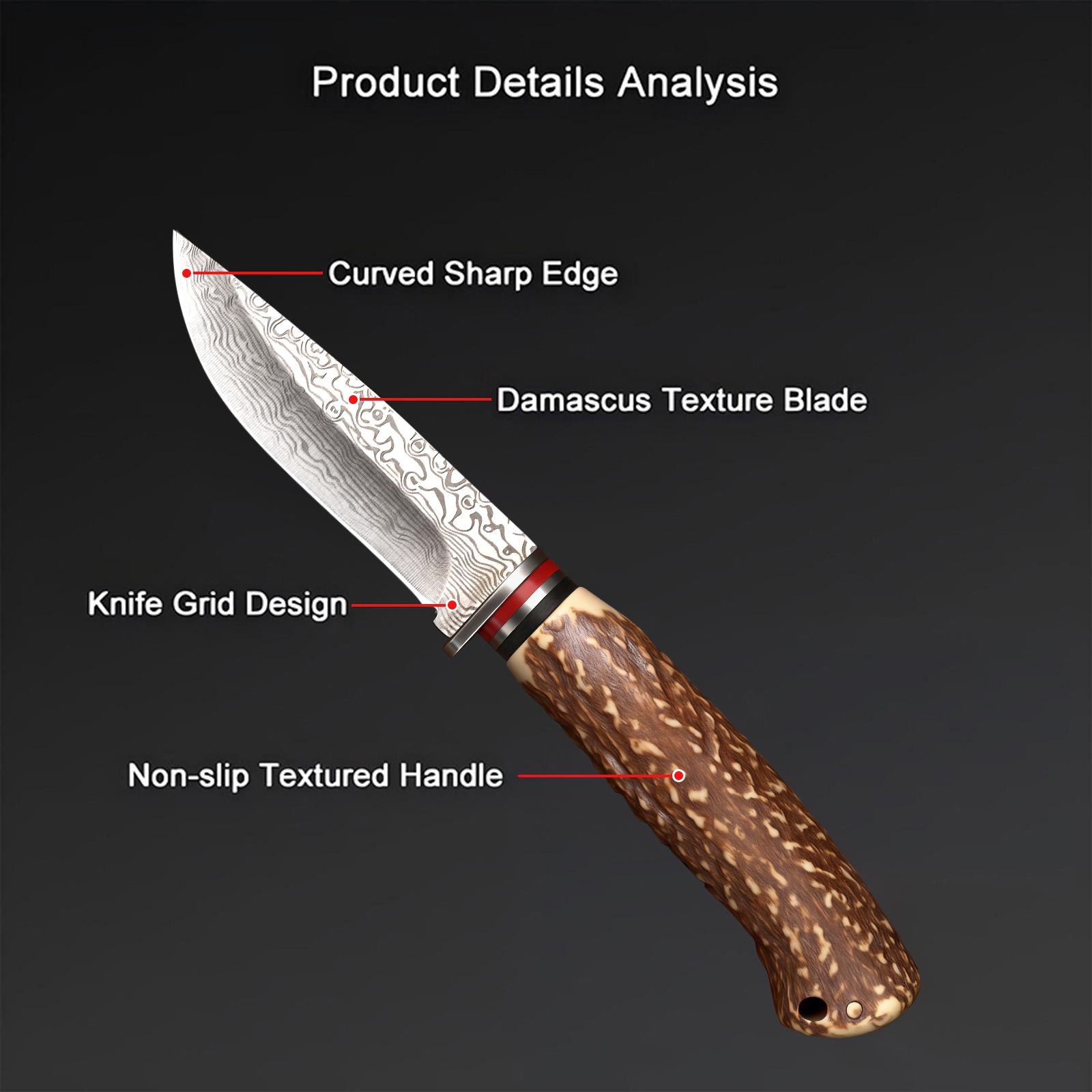 Damascus Pattern Kitchen Knife Chef Knife Steak Knife Razor Sharp Stainless Steel Meat Slicing Cleaver 8.3" Knife with Leather Sheath & Gift Box BBQ Cooking Utility Knife Non-Slip Faux Antler Stag Handle for Beef Tomahawk Fish Veggies Gift for Men Women