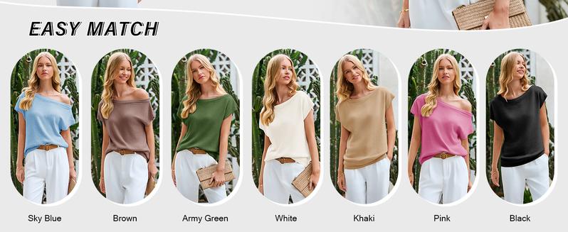 Saodimallsu Women's Off Shoulder Short Sleeve Knit Sweater Top Trendy One Shoulder Knitted Tank Top for Spring & Summer Outfits Soft Lightweight