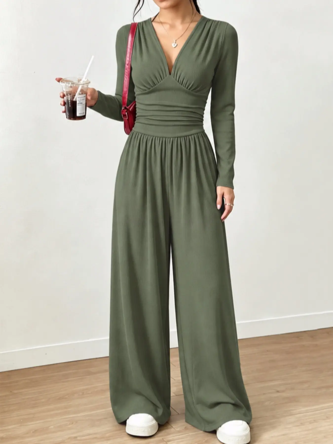 2026 Fall Women's Wide Leg Jumpsuit, Long Sleeve Loose Fit, Casual One Piece for Office, Work From Home, Shopping, Vacation, Daily Wear