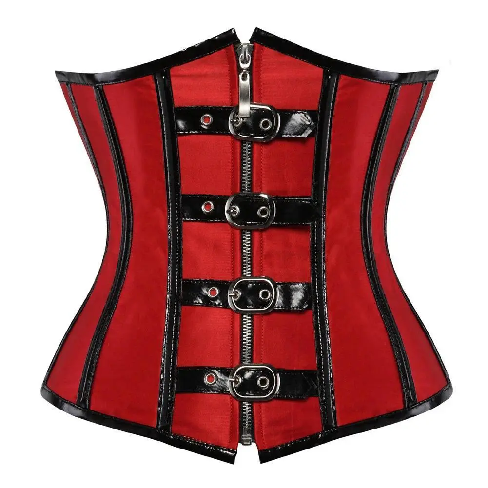 Women's Vintage Steampunk Underbust Corset - Red Belt Buckle, Zipper, Boned, Lace Slimming Medieval Corselet, Gothic Costumes, 1-Piece Waist Trainer