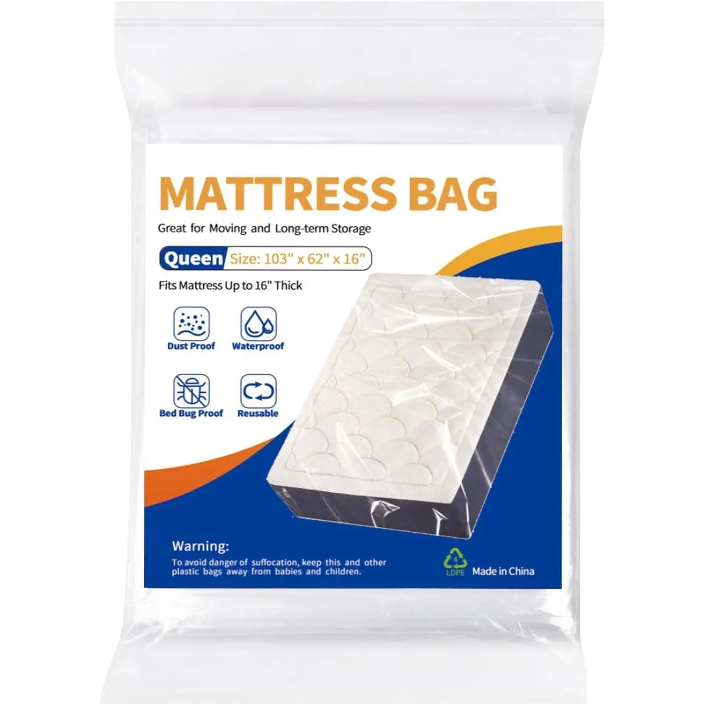 Queen Size Heavy-Duty Waterproof Mattress Bag for Moving & Storage – Plastic Mattress Protector Cover (1 Pack)